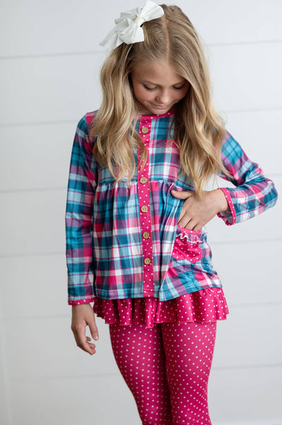 Girls Hot Pink & Teal Plaid Ruffle Pocket Button Legging Set