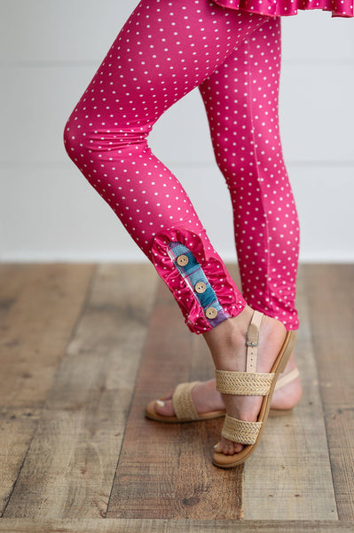 Girls Hot Pink & Teal Plaid Ruffle Pocket Button Legging Set