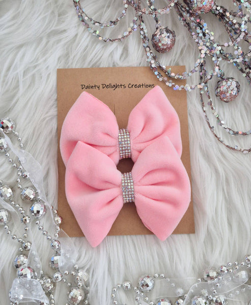Savannah Bow PIGGIES Set-Bling Pink Plush Velvet