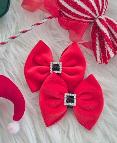 Savannah Bow PIGGIES Set-Plushy Velvet Santa