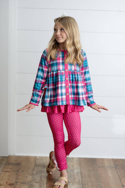 Girls Hot Pink & Teal Plaid Ruffle Pocket Button Legging Set