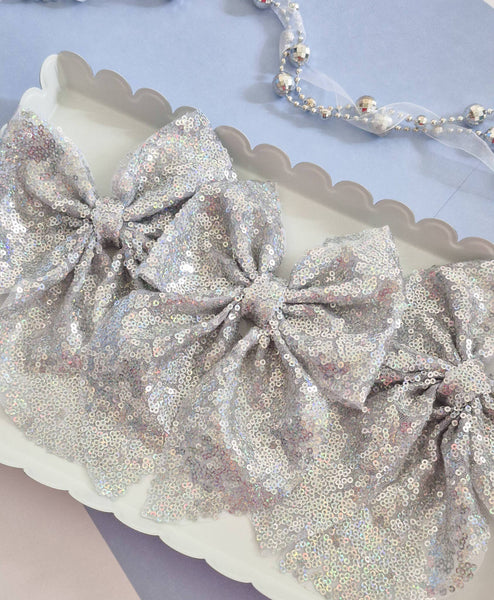 Large Curved Tail Annabelle Bow-Iridescent Silver Sequin