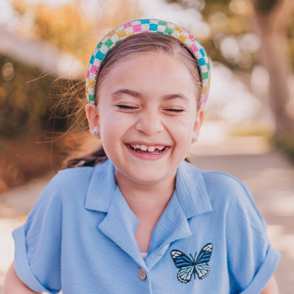 Kids Rhinestone Headband - Padded Checkerboard Hair Band