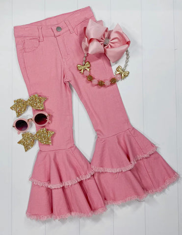 Pink Frayed Double Bell Jeans