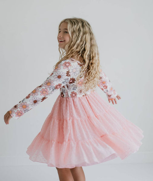 Girls Pink Retro Flower Print Swiss Dot Tulle Fall Dress