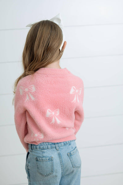 Girls Fall Winter Pink and White Bow Sweater