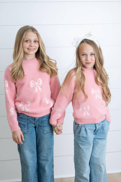 Girls Fall Winter Pink and White Bow Sweater
