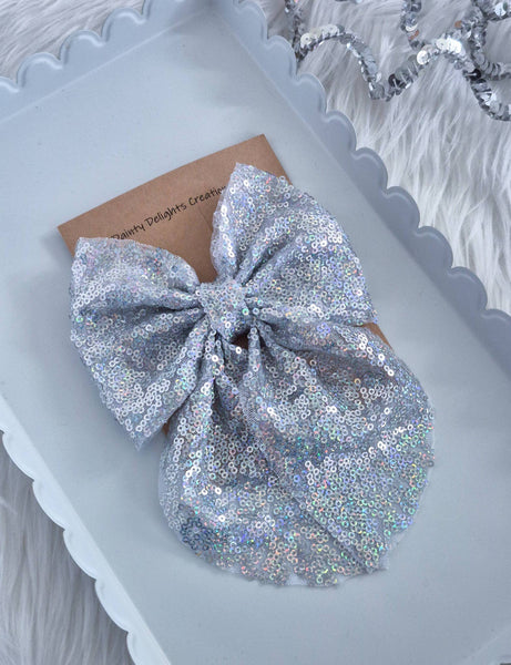 Large Curved Tail Annabelle Bow-Iridescent Silver Sequin