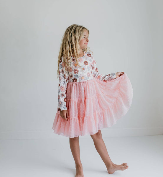 Girls Pink Retro Flower Print Swiss Dot Tulle Fall Dress