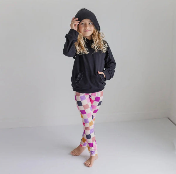 Dark Grey Ruffle Hoodie & Checkered Legging Set