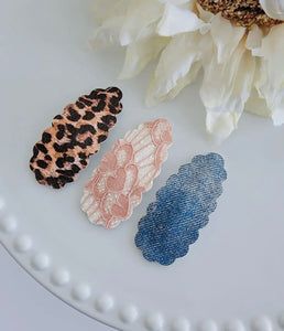 2.5” Scalloped Denim, Leopard & Lace Clip Set