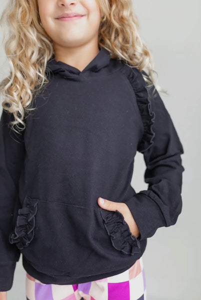 Dark Grey Ruffle Hoodie & Checkered Legging Set
