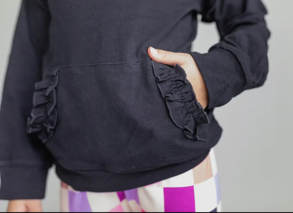 Dark Grey Ruffle Hoodie & Checkered Legging Set