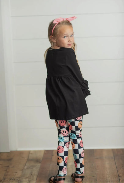 Black & White Check Smiley Ruffle Top & Legging Set