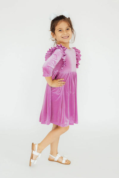 Carnation Pink Velvet Ruffle Twirl Dress