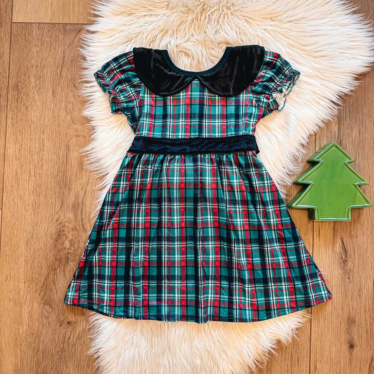 Green Plaid Velvet Dress