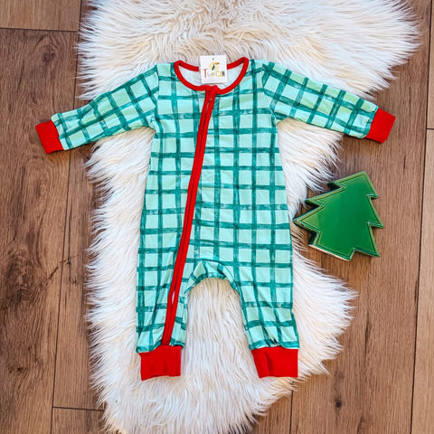 Green Plaid Zip Romper