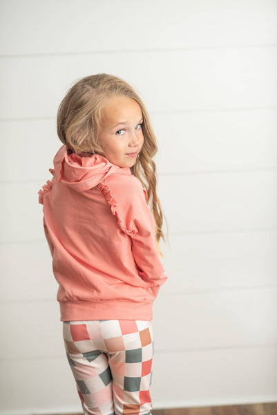 Terra Cotta Ruffle Hoodie & Check Leggings Set