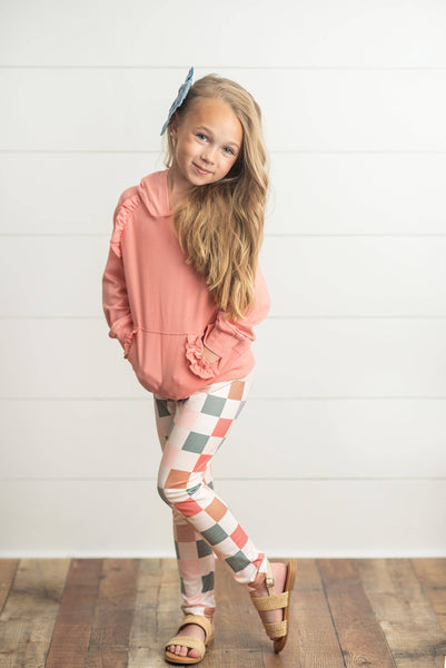 Terra Cotta Ruffle Hoodie & Check Leggings Set