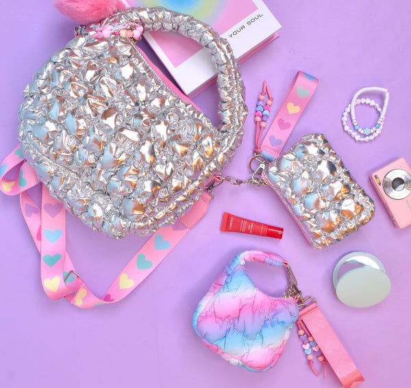 Quilted Scrunchies Silver Metallic Bag Charm Set