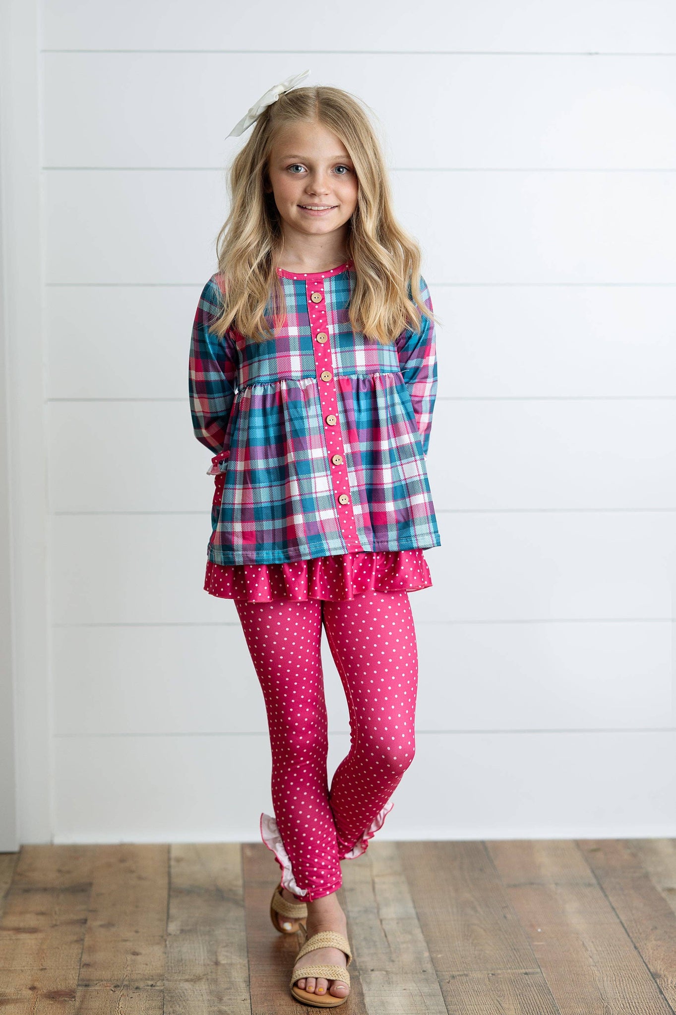 Girls Hot Pink & Teal Plaid Ruffle Pocket Button Legging Set