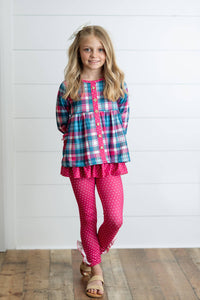Girls Hot Pink & Teal Plaid Ruffle Pocket Button Legging Set