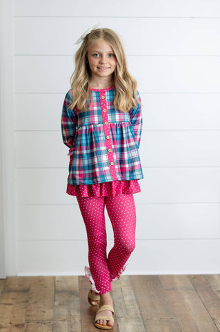 Girls Hot Pink & Teal Plaid Ruffle Pocket Button Legging Set