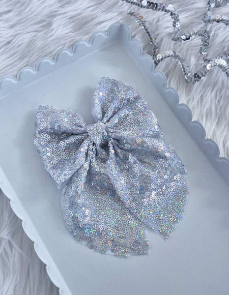 Large Curved Tail Annabelle Bow-Iridescent Silver Sequin