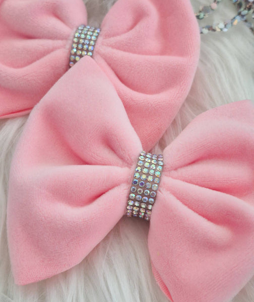 Savannah Bow PIGGIES Set-Bling Pink Plush Velvet