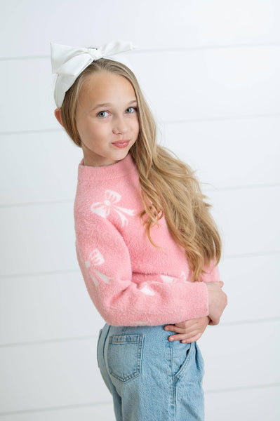 Girls Fall Winter Pink and White Bow Sweater