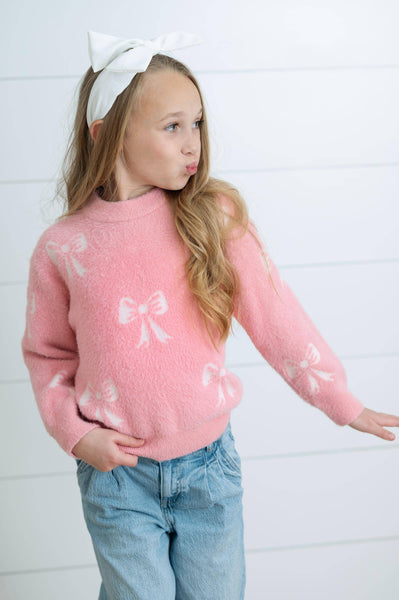 Girls Fall Winter Pink and White Bow Sweater