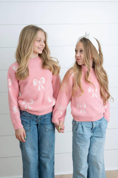 Girls Fall Winter Pink and White Bow Sweater