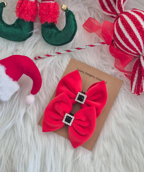 Savannah Bow PIGGIES Set-Plushy Velvet Santa